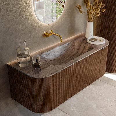 MONDIAZ KURVE-DLUX Meuble de salle de bains 120cm arrondi Gauche + Droite couleur Walnut avec 1 tiroir et 2 portes. Lavabo BIG SMALL central sans trou de robinet Oza.