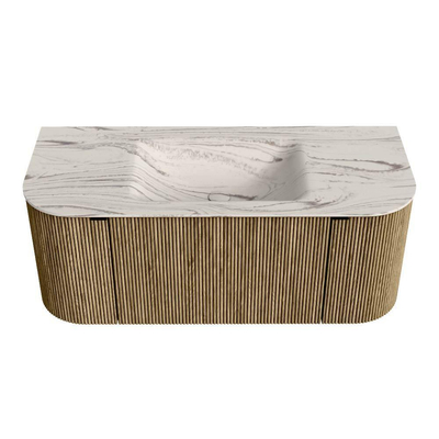 MONDIAZ KURVE-DLUX Meuble de salle de bains 110cm arrondi Gauche + Droite couleur Dusk avec 1 tiroir et 2 portes. Lavabo CLOUD Central sans trou de robinet Nata.