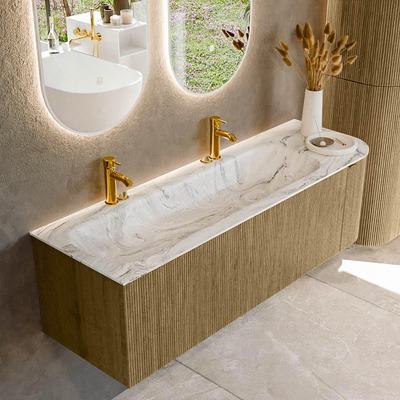 Mondiaz KURVE-DLUX Badkamermeubelset - 145x46x40cm - 1 lade - 1 deur - wastafel solid surface - links - 2 kraangaten - Dusk