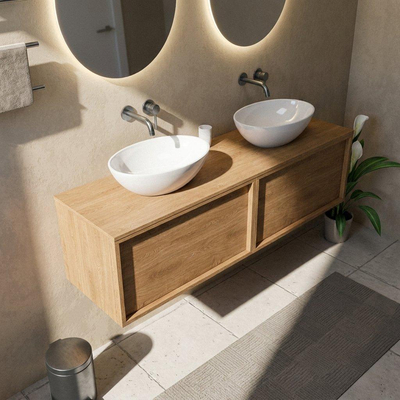 Saniclass Holz Frame Ensemble meuble de salle de bains - 160x45x40cm - plan de travail en bois - sans trous de robinet - 2 tiroirs - Chêne Natural