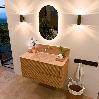 Mondiaz CIRO-DLUX Badkamermeubelset - 100x45x50cm - Solid surface wastafel Saba - 1 wasbak Midden - zonder kraangaten - 2 lades - Oak