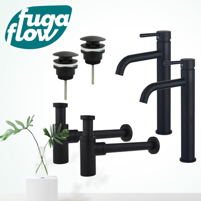FugaFlow Eccelente Sobrado Badkamer Wastafelkraanset - voor dubbele wastafel - verhoogde wastafelkraan - klikwaste plug - design sifon - Mat zwart