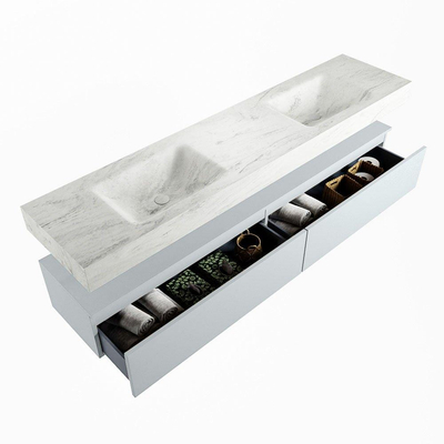 Mondiaz ALAN-DLUX Ensemble de meuble - 200cm - meuble Clay mat - 2 tiroirs - Lavabo Cloud Opalo suspendu - vasque Gauche et droite - 0 trous de robinet