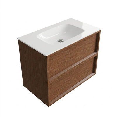 Saniclass Holz Frame Ensemble meuble de salle de bains - 80x45x61.5cm - Flow lavabo en solid surface blanc - 1 vasque - sans trou de robinetterie - 2 tiroirs - walnut pure mat (bois)