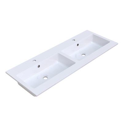 Arcqua Mira Inbouw Wastafel - 121x46x1.5cm - dubbele wasbak - 2 kraangaten - cast marble - glans wit