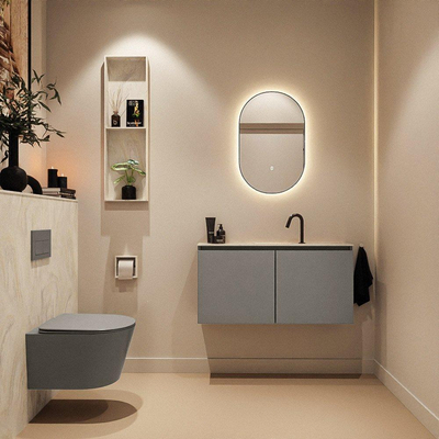 MONDIAZ TURE-DLUX Meuble toilette - 100cm - Smoke - EDEN - vasque Ostra - position centrale - 1 trou de robinet