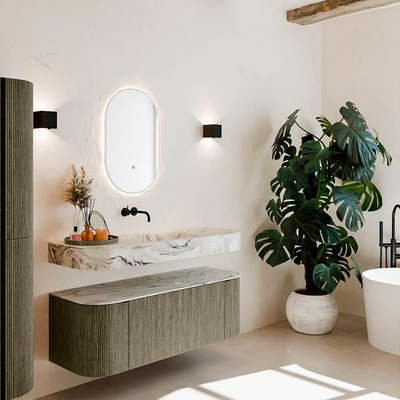 MONDIAZ THOR-DLUX 130cm meuble de salle de bains arrondi gauche + droite couleur Shadow avec 1 tiroir et 2 portes. Vasque suspendue CLOUD Milieu sans trou de robinet couleur Glace.