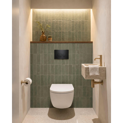 QeramiQ Dely Swirl Toiletset - 36.3x51.7cm - diepspoel - rimless - Geberit UP320 inbouwreservoir - met Burda frame - slim zitting - mat zwarte metalen bedieningsplaat - ronde knoppen - mat wit