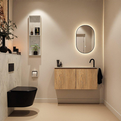 MONDIAZ TURE-DLUX Meuble toilette - 100cm - Washed Oak - EDEN - vasque Opalo - position droite - 1 trou de robinet