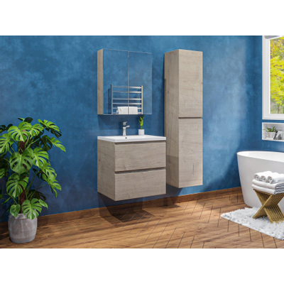 Adema Looks Meuble salle de bains 60x45.5x58cm avec vasque et trop-plein, armoire de toilette et armoire à colonnes Bois