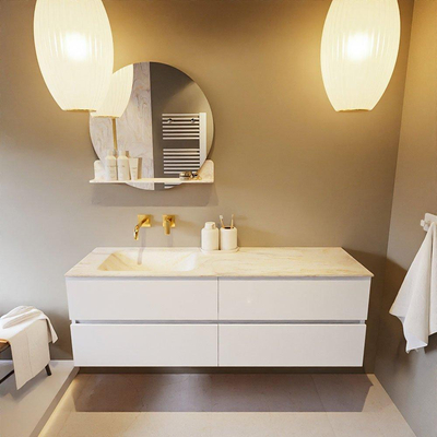 Mondiaz VICA-DLUX ensemble de meuble de salle de bain - 150cm - meuble sous lavabo talc - 4 tiroirs - lavabo encastré cloud gauche - sans trous de robinet - version haute de 60cm - ostra