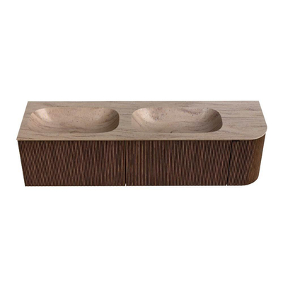 MONDIAZ KURVE-DLUX 165cm meuble de salle de bains courbe Droite couleur Walnut avec 2 tiroirs et 1 porte. Lavabo STOR SMALL Double / Gauche 2 trous de robinet Saba.