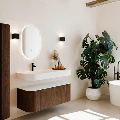 MONDIAZ THOR 120cm meuble de salle de bains arrondi gauche + droite couleur Walnut avec 1 tiroir et 2 portes. Vasque suspendue CLOUD gauche 1 trou de robinet couleur Talc.