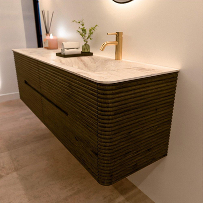 Mondiaz CIRO-DLUX Badkamermeubelset - 160x45x50cm - Solid surface wastafel Frappe - 1 wasbak Rechts - 1 kraangat - 4 lades - Shadow