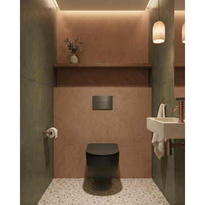 QeramiQ Dely Pack WC cuvette sans bride 36.3x51.7cm avec bâti-support Geberit UP320 abattant WC noir mat frein de chute et plaque de commande Gun metal boutons Rectangulaires