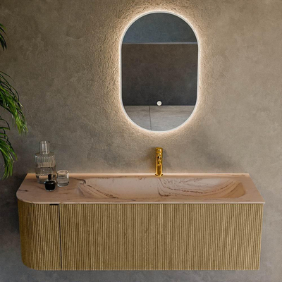 MONDIAZ KURVE-DLUX meuble de salle de bains 135cm arrondi à gauche couleur Dusk avec 1 tiroir et 1 porte. Lavabo BIG MEDIUM à droite 1 trou de robinet Arena.