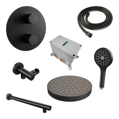 BRAUER Stripe Douche de tête thermostatique encastrée - 3 voies - ronde - SET 40 - pomme de douche 25 cm - bras mural droit - douchette 3 positions - flexible de douche - coude mural - noir mat