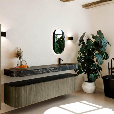 MONDIAZ THOR-DLUX Meuble de salle de bains 200cm arrondi gauche + droite couleur Shadow avec 2 tiroirs et 2 portes. Vasque suspendue CLOUD Droite 1 trou de robinet couleur Lava.