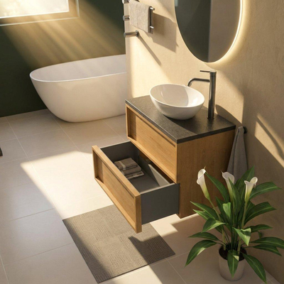 Saniclass Holz Frame Ensemble meuble de salle de bains - 80x45x63cm - Plan vasque en basalte Noche poli (noir) - 1 trou de robinetterie - 2 tiroirs - chêne natural mat (bois)