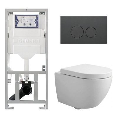 Pack WC QeramiQ Dely Swirl Compact - réservoir encastrable Geberit UP320 - avec bâti-support Burda - abattant 25 mm - plaque de commande en plastique anthracite mat - boutons ronds - blanc mat