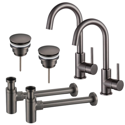 FugaFlow Eccelente Sobrado Badkamer Wastafelkraanset - voor dubbele wastafel - hoge wastafelkraan - draaibare uitloop - klikwaste plug - design sifon - PVD Gepolijst Gunmetal