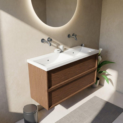 Saniclass Holz Frame Ensemble de meubles de salle de bains - 120x45x63.5cm - Lavabo Bari en céramique blanc - 2 vasques - sans trous de robinetterie - 2 tiroirs - walnut pure mat (bois)