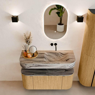 MONDIAZ THOR-DLUX 110cm badmeubel ronding links + rechts kleur Oak met 1 lade en 2 deuren. Vrijhangende wastafel CLOUD Rechts zonder kraangat kleur Sombra.