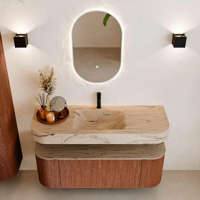 MONDIAZ THOR-DLUX 130cm meuble de salle de bains arrondi gauche + droite couleur Ruby avec 1 tiroir et 2 portes. Vasque suspendue CLOUD Milieu 1 trou de robinet couleur Arena.