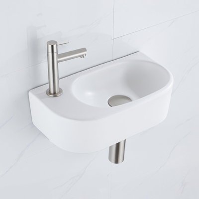 QeramiQ Fuente Fonteinset - 40x21.5x12cm - links - glad - halfrond - 1 kraangat - keramiek - fonteinkraan geborsteld rvs - afvoerplug - verlaagd sifon - wit mat