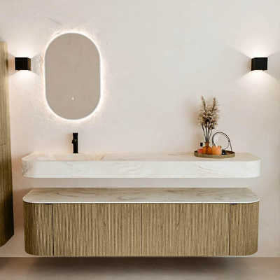 MONDIAZ THOR-DLUX 180cm meuble de salle de bains arrondi gauche + droite couleur Dusk avec 2 tiroirs et 2 portes. Vasque suspendue CLOUD Gauche 1 trou de robinet couleur Ostra.