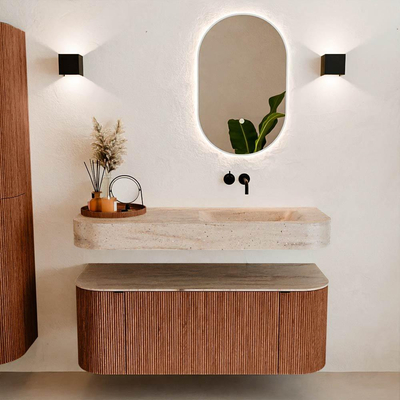 MONDIAZ THOR-DLUX 120cm meuble de salle de bains arrondi gauche + droite couleur Ruby avec 1 tiroir et 2 portes. Vasque suspendue CLOUD Droite sans trou de robinet couleur Saba.