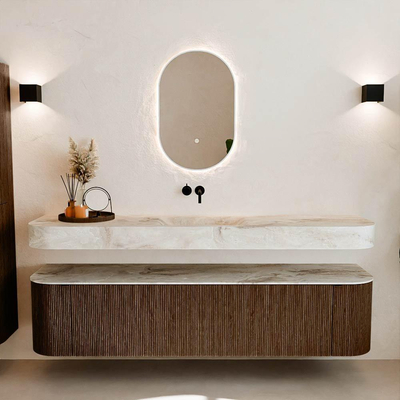 MONDIAZ THOR-DLUX Meuble de salle de bains - 190cm - arrondi gauche + droite - couleur Walnut - 2 tiroirs - 2 portes - Vasque suspendue CLOUD Centre sans trou de robinet - couleur Frappe