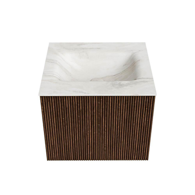 MONDIAZ KURVE-DLUX Meuble de salle de bains 50 cm couleur Walnut avec 1 tiroir. Lavabo GRUNNE central 1 trou de robinet couleur Ostra.