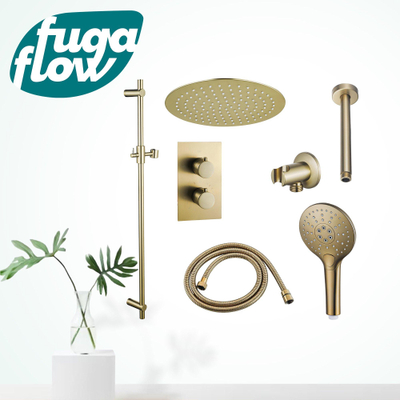 FugaFlow Eccelente Sobrado Ensemble de douche pluie encastrable - thermostatique - bras plafond - barre curseur - pommeau 25cm - douchette ronde - Laiton brossé (doré)