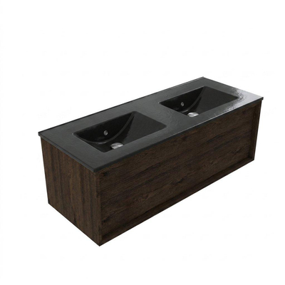 Saniclass Holz Frame Ensemble meuble de salle de bains - 120x45x42cm - Vasque Vygo en céramique noire - 2 vasques - sans trous de robinetterie - 1 tiroir - chêne charcoal mat (bois)