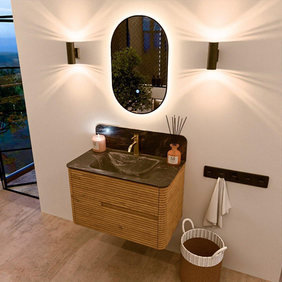 Mondiaz CIRO-DLUX Badkamermeubelset - 80x45x50cm - Solid surface wastafel Lava - 1 wasbak Midden - 1 kraangat - 2 lades - Oak