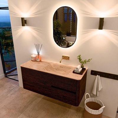 Mondiaz CIRO-DLUX Ensemble de meubles de salle de bains - 120x45x50cm - Plan vasque solid surface Arena - 1 vasque à droite - sans trous de robinet - 2 tiroirs - Noyer