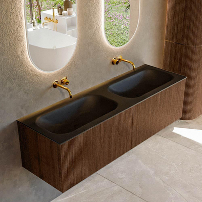 MONDIAZ KURVE Meuble de salle de bains 150 cm couleur Walnut avec 2 tiroirs. Lavabo BIG SMALL double sans trou de robinet Urban.