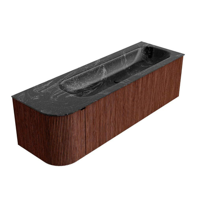 Mondiaz KURVE-DLUX Ensemble de meuble de salle de bains - 145x46x40cm - 1 tiroir - 1 porte - lavabo solid surface - droite - 1 trou de robinet - Ruby