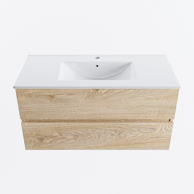 MONDIAZ VICA meuble sous lavabo 100cm Chêne Blanchi 2 tiroirs. Lavabo DENIA centre 1 trou de robinet, couleur Blanc Brillant.