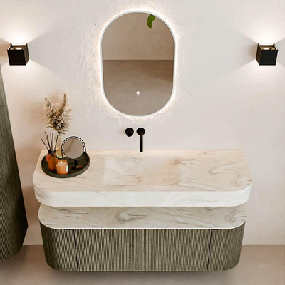 MONDIAZ THOR-DLUX Meuble de salle de bains 140cm arrondi gauche + droite couleur Shadow avec 1 tiroir et 2 portes. Vasque suspendue CLOUD Milieu sans trou de robinet couleur Ostra.