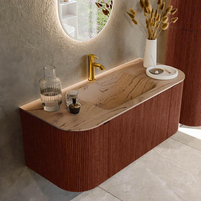MONDIAZ KURVE-DLUX meuble de salle de bains 110cm arrondi gauche + droite couleur Ruby avec 1 tiroir et 2 portes. Lavabo CLOUD central 1 trou de robinet Arena.