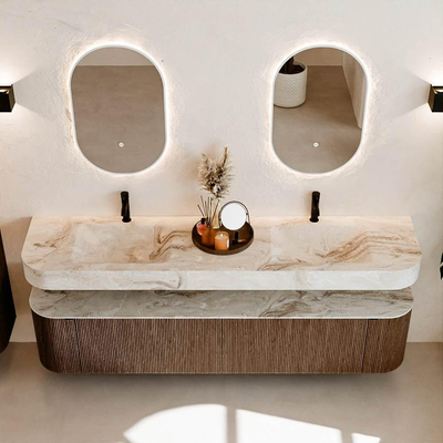 MONDIAZ THOR-DLUX 200cm meuble de salle de bains arrondi gauche + droite couleur Walnut avec 2 tiroirs et 2 portes. Vasque suspendue CLOUD Double 2 trous de robinet couleur Frappe.