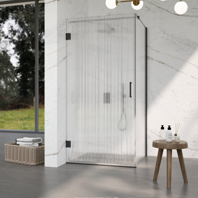 FugaFlow Eccelente Vetro Douchecabine - 100x140x200cm - scharnieren - deurgreep - stabilisatiestang - helder geribbeld - veiligheidsglas - mat zwart