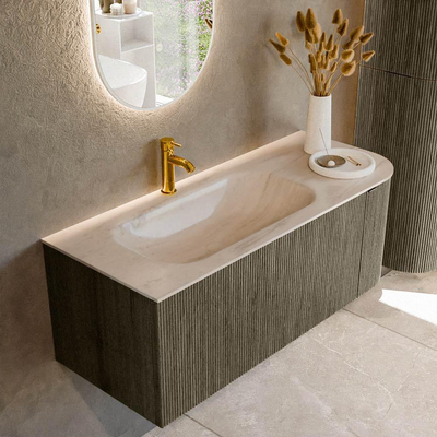 MONDIAZ KURVE-DLUX Meuble de salle de bains 115 cm arrondi à droite couleur Shadow avec 1 tiroir et 1 porte. Plan-vasque BIG SMALL gauche 1 trou de robinet Meli.