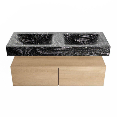 Mondiaz ALAN-DLUX Ensemble de meuble - 120cm - meuble Washed Oak mat - 2 tiroirs - Lavabo Cloud Lava suspendu - vasque Gauche et droite - 0 trous de robinet