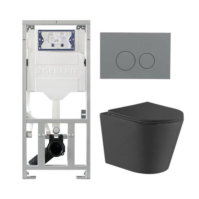 QeramiQ Dely Pack WC - 36.3x51.7cm - à fond creux - sans bride - réservoir WC attenant Geberit UP320 - abattant WC à fermeture douce - plaque de déclenchement gris clair - boutons ronds - noir mat