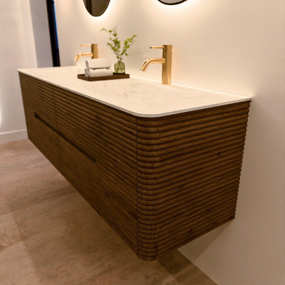 Mondiaz CIRO-DLUX Ensemble de meuble de salle de bains - 160x45x50cm - Vasque en solid surface Opalo - 2 vasques doubles - 2 trous de robinetterie - 4 tiroirs - Dusk