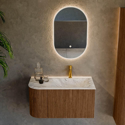 MONDIAZ KURVE-DLUX 85cm Meuble salle de bain avec module 25 G - couleur Walnut - 1 tiroir - 1 porte - vasque CLOUD droite - 1 trou de robinet - couleur Glace