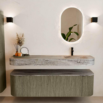 MONDIAZ THOR-DLUX 160cm meuble de salle de bains arrondi gauche + droite couleur Shadow avec 1 tiroir et 2 portes. Vasque suspendue CLOUD Droite 1 trou de robinet couleur Oza.